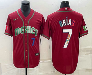 Mens Mexico Baseball #7 Julio Urias Number 2023 Red Blue World Baseball Classic Stitched Jersey1